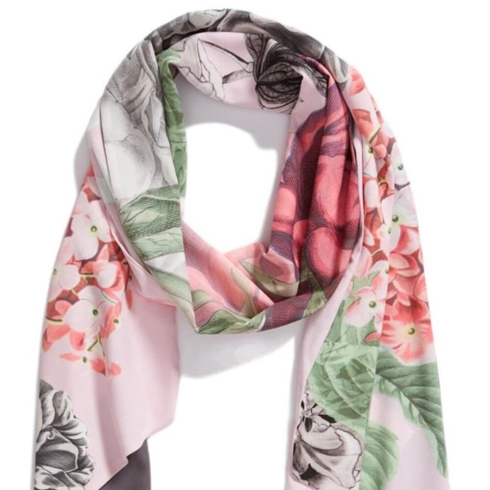 Ted Baker Palace Gardens Floral Chevron Striped Pink Skinny Scarf 10”x 70” - Picture 9 of 10